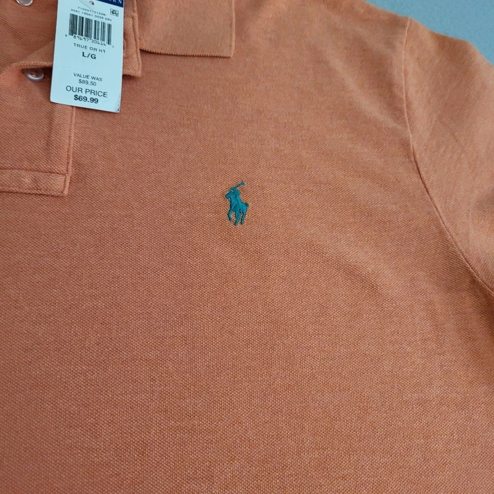 NWT Polo By Ralph Lauren Orange Polo Shirt Classic Fit Men's L Green Pony